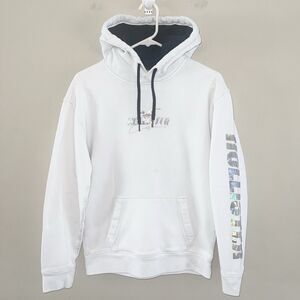 Hollister Hoodie Unisex Top Size S Pullover White Holographic Print Long Sleeve